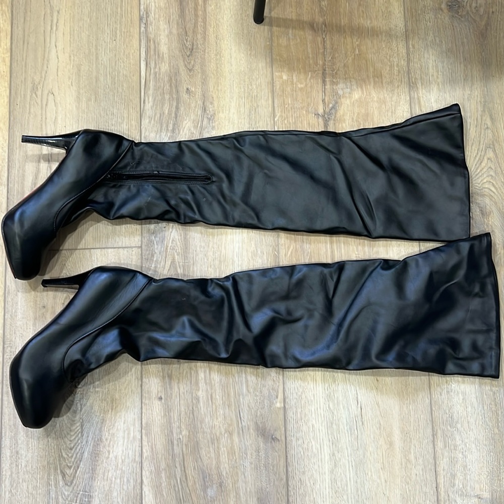 Black, faux leather thigh-high boots
